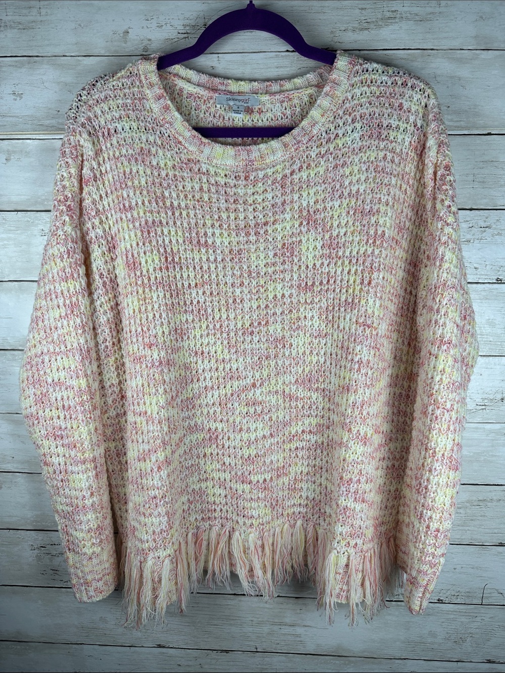 Skinnygirl Open Knit Crewneck Fringe Hem Sweater Pastel Multicolor size Small